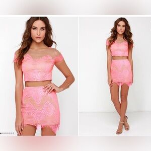 Lulus Royal Road Neon Pink Lace 2 piece dress